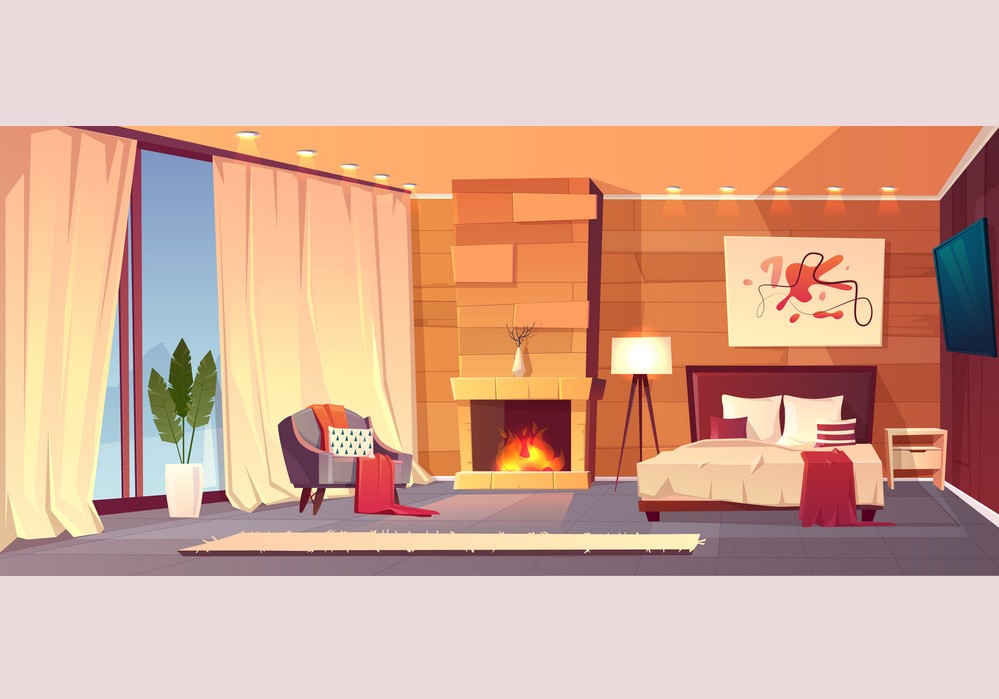 Vector cartoon interior of cozy hotel bedroom with furniture - double bed, carpet and fireplace. Living apartment of winter resort with window and curtains. Colorful background.